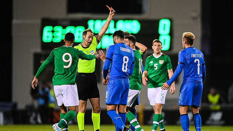 10 October 2019; Troy Parrott of Republic of Ireland being shown a red card by referee Sascha Stegemann during the UEFA European U21 Championship Qualifier Group 1 match between Republic of Ireland and Italy at Tallaght Stadium in Tallaght, Dublin. Photo by Eoin Noonan/Sportsfile