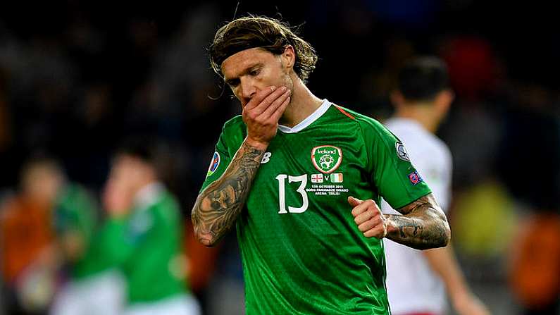 12 October 2019; Jeff Hendrick of Republic of Ireland reacts after team-mate Aaron Connolly fails to convert a chance during the UEFA EURO2020 Qualifier match between Georgia and Republic of Ireland at the Boris Paichadze Erovnuli Stadium in Tbilisi, Georgia. Photo by Seb Daly/Sportsfile