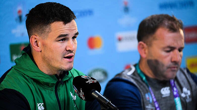 18 October 2019; Jonathan Sexton, left, and kicking coach Richie Murphy during an Ireland rugby press conference at the Tokyo Stadium in Chofu, Japan. Photo by Ramsey Cardy/Sportsfile