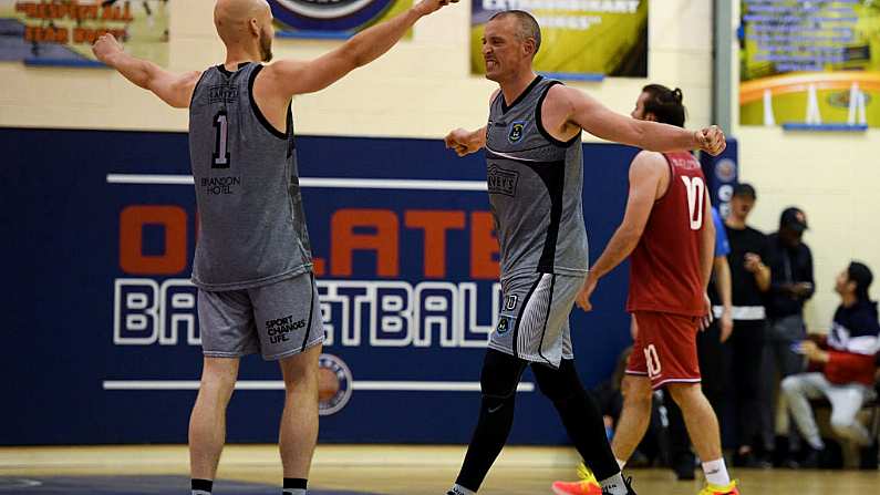 27 October 2018; Kieran Donaghy, right, of Garvey's Warriors Tralee celebrates with team mate Paul Dick after the Hula Hoops Pat Duffy Men's National Cup match between Templeogue and Garvey's Warriors Tralee at Oblate Hall in Inchicore, Dublin. Photo by Eoin Noonan/Sportsfile