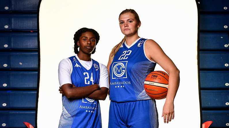 18 September 2019; Shrita Parker, left, and Tatum Neubert of Ambassador UCC Glanmire pictured at the 2019/2020 Basketball Ireland Season Launch and Hula Hoops National Cup draw at the National Basketball Arena in Tallaght, Dublin. Photo by Sam Barnes/Sportsfile