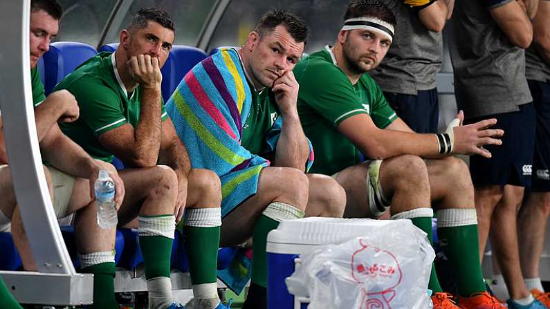 19 October 2019; Ireland players, from left, Peter O'Mahony, Rob Kearney, Cian Healy, and Iain Henderson look on as New Zealand score their sixth try during the 2019 Rugby World Cup Quarter-Final match between New Zealand and Ireland at the Tokyo Stadium in Chofu, Japan. Photo by Brendan Moran/Sportsfile