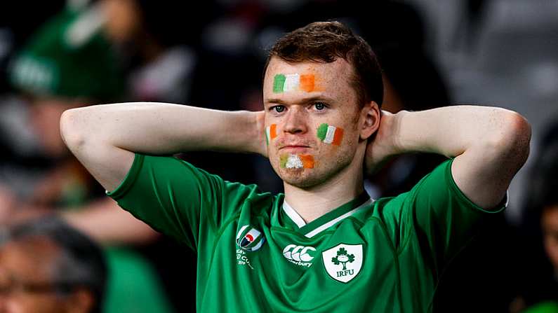 19 October 2019; A dejected Ireland supporter during the 2019 Rugby World Cup Quarter-Final match between New Zealand and Ireland at the Tokyo Stadium in Chofu, Japan. Photo by Ramsey Cardy/Sportsfile