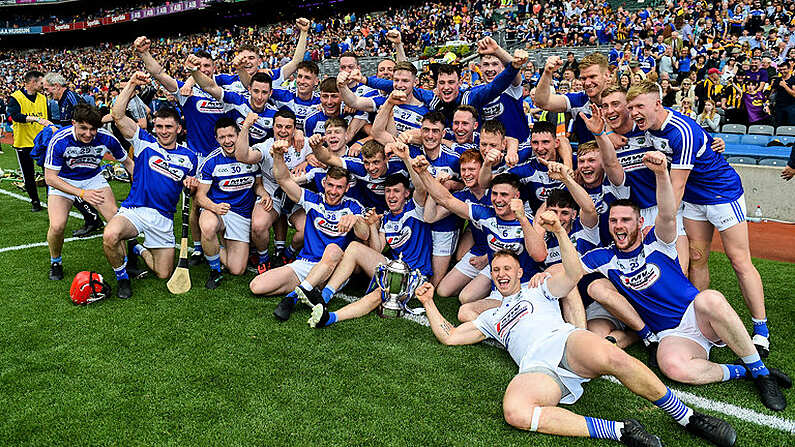 30 June 2019; Laois players celebrate with the Joe McDonagh cup after the Joe McDonagh Cup Final match between Laois and Westmeath at Croke Park in Dublin. Photo by Daire Brennan/Sportsfile