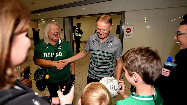 22 October 2019; Head coach Joe Schmidt is greeted by supporters on the Ireland Rugby Team's return at Dublin Airport from the Rugby World Cup. Photo by David Fitzgerald/Sportsfile