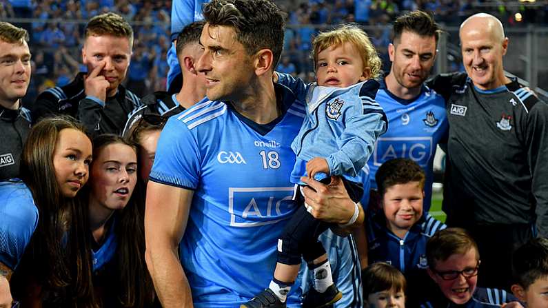 14 September 2019; Dublin footballer Bernard Brogan with his son Donagh after the GAA Football All-Ireland Senior Championship Final Replay between Dublin and Kerry at Croke Park in Dublin. Photo by Piaras O Midheach/Sportsfile