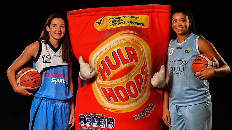 18 September 2019; Carly McLendon of Maree, left, and Meredith Burkhall of DCU Mercy pictured at the 2019/2020 Basketball Ireland Season Launch and Hula Hoops National Cup draw at the National Basketball Arena in Tallaght, Dublin. Photo by David Fitzgerald/Sportsfile