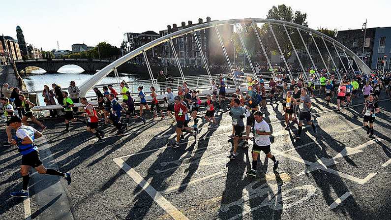 27 October 2019; Runners cross James Joyce Bridge during today's 2019 KBC Dublin Marathon. 22,500 runners took to the Fitzwilliam Square start line today to participate in the 40th running of the KBC Dublin Marathon, making it the fifth largest marathon in Europe. Photo by Seb Daly/Sportsfile