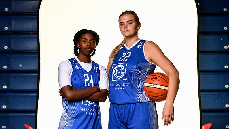 18 September 2019; Shrita Parker, left, and Tatum Neubert of Ambassador UCC Glanmire pictured at the 2019/2020 Basketball Ireland Season Launch and Hula Hoops National Cup draw at the National Basketball Arena in Tallaght, Dublin. Photo by Sam Barnes/Sportsfile