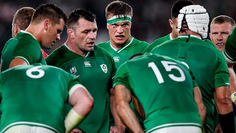 19 October 2019; Cian Healy, Josh Van der Flier and Keith Earls of Ireland during the 2019 Rugby World Cup Quarter-Final match between New Zealand and Ireland at the Tokyo Stadium in Chofu, Japan. Photo by Ramsey Cardy/Sportsfile