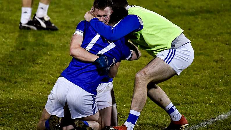 30 October 2019; Ciaran Thompson and Marty Boyle of Naomh Conaill celebrate after the final whistle in the Donegal County Senior Club Football Championship Final 2nd Replay match between Gaoth Dobhair and Naomh Conaill at Mac Cumhaill Park in Ballybofey, Donegal. Photo by Oliver McVeigh/Sportsfile