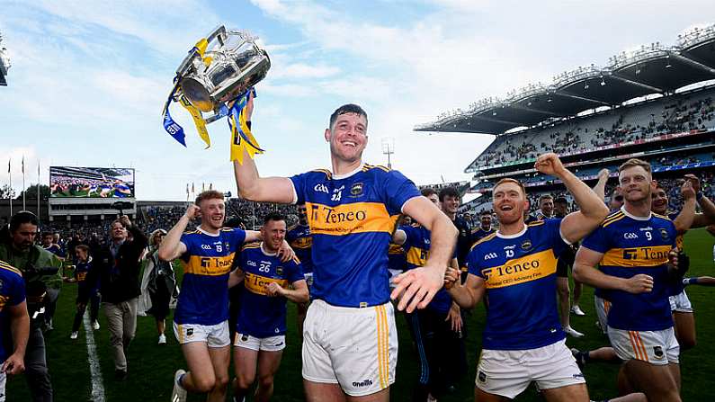 18 August 2019; Seamus Callanan of Tipperary celebrates with the Liam MacCarthy cup after the GAA Hurling All-Ireland Senior Championship Final match between Kilkenny and Tipperary at Croke Park in Dublin. Photo by Stephen McCarthy/Sportsfile