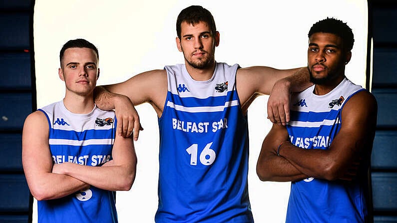 18 September 2019; Belfast Star players, from left, Aidan Quinn, Djorje Stankovic and Delaney Blaylock pictured at the 2019/2020 Basketball Ireland Season Launch and Hula Hoops National Cup draw at the National Basketball Arena in Tallaght, Dublin. Photo by Sam Barnes/Sportsfile