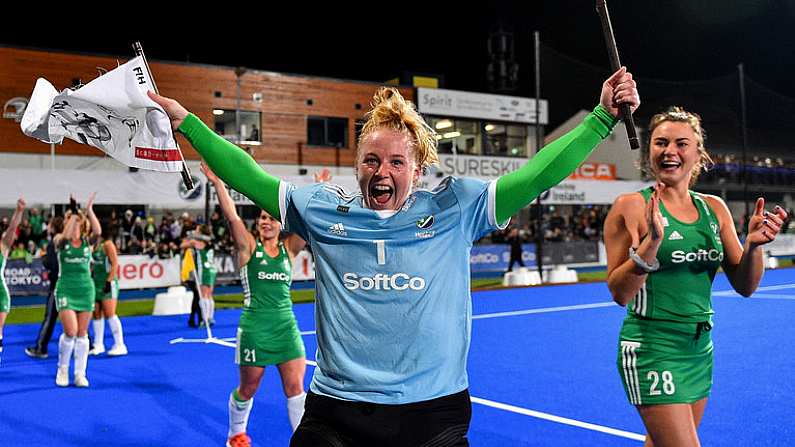 3 November 2019; Ayeisha McFerran of Ireland celebrates after qualifying for the Tokyo2020 Olympic Games during after the FIH Women's Olympic Qualifier match between Ireland and Canada at Energia Park in Dublin. Photo by Brendan Moran/Sportsfile