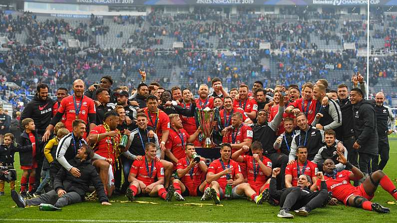 11 May 2019; The Saracens team celebrate with the cup after the Heineken Champions Cup Final match between Leinster and Saracens at St James' Park in Newcastle Upon Tyne, England. Photo by Brendan Moran/Sportsfile