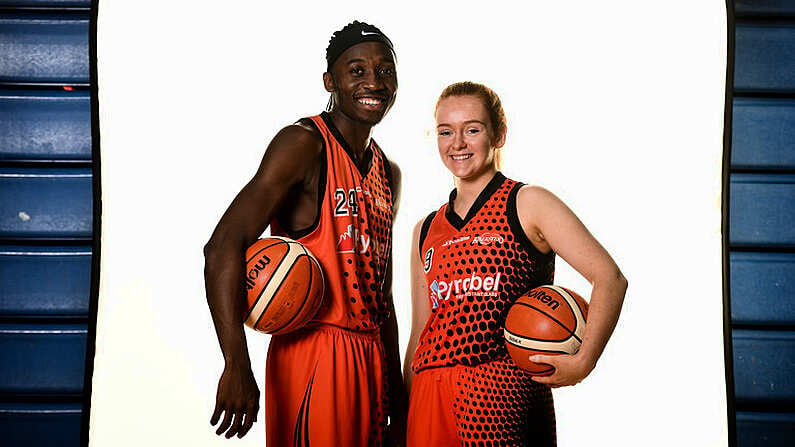 18 September 2019; Farouq Raheem and Ciara Curran of Pyrobel Killester pictured at the 2019/2020 Basketball Ireland Season Launch and Hula Hoops National Cup draw at the National Basketball Arena in Tallaght, Dublin. Photo by Sam Barnes/Sportsfile