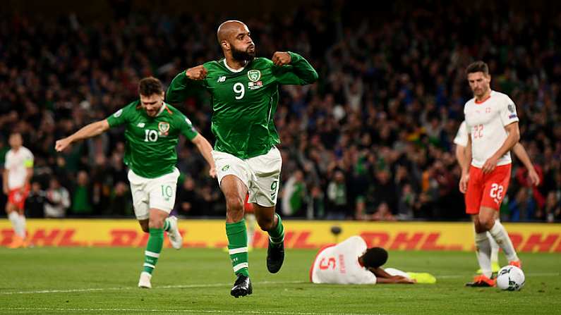 5 September 2019; David McGoldrick of Republic of Ireland celebrates after scoring his side's goal during the UEFA EURO2020 Qualifier Group D match between Republic of Ireland and Switzerland at Aviva Stadium, Lansdowne Road in Dublin. Photo by Stephen McCarthy/Sportsfile