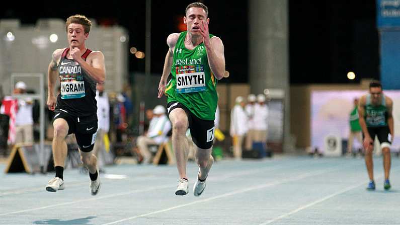 13 November 2019; Team Ireland's Jason Smyth, from Derry, on his way to winning the T13 100m Final during day seven of the World Para Athletics Championships 2019 at Dubai Club for People of Determination Stadium in Dubai, United Arab Emirates. Photo by Ben Booth/Sportsfile