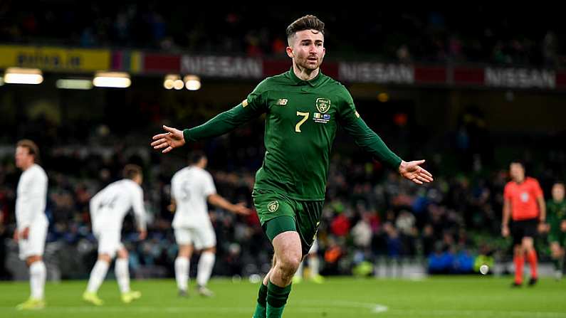 14 November 2019; Sean Maguire of Republic of Ireland celebrates after scoring his side's second goal during the International Friendly match between Republic of Ireland and New Zealand at the Aviva Stadium in Dublin. Photo by Seb Daly/Sportsfile