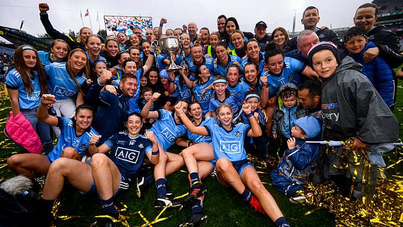 15 September 2019; Dublin players celebrate following the TG4 All-Ireland Ladies Football Senior Championship Final match between Dublin and Galway at Croke Park in Dublin. Photo by Stephen McCarthy/Sportsfile