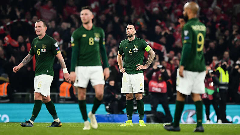 18 November 2019; Republic of Ireland players, including Shane Duffy, centre, react after conceding a goal during the UEFA EURO2020 Qualifier match between Republic of Ireland and Denmark at the Aviva Stadium in Dublin. Photo by Seb Daly/Sportsfile