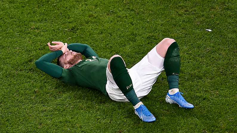 18 November 2019; Matt Doherty of Republic of Ireland reacts following the UEFA EURO2020 Qualifier match between Republic of Ireland and Denmark at the Aviva Stadium in Dublin. Photo by Ben McShane/Sportsfile