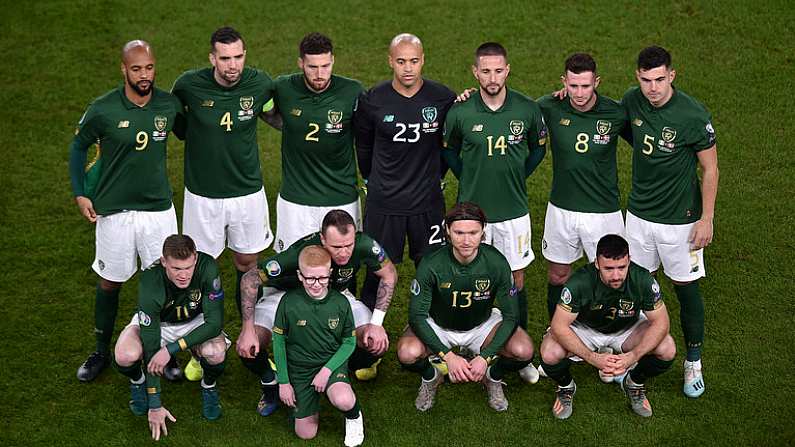 18 November 2019; The Republic of Ireland team, back row, from left to right, David McGoldrick, Shane Duffy, Matt Doherty, Darren Randolph, Conor Hourihane, Alan Browne and John Egan. Front row, from left to right, James McClean, Glenn Whelan, Jeff Hendrick and Enda Stevens prior to the UEFA EURO2020 Qualifier match between Republic of Ireland and Denmark at the Aviva Stadium in Dublin. Photo by Ben McShane/Sportsfile