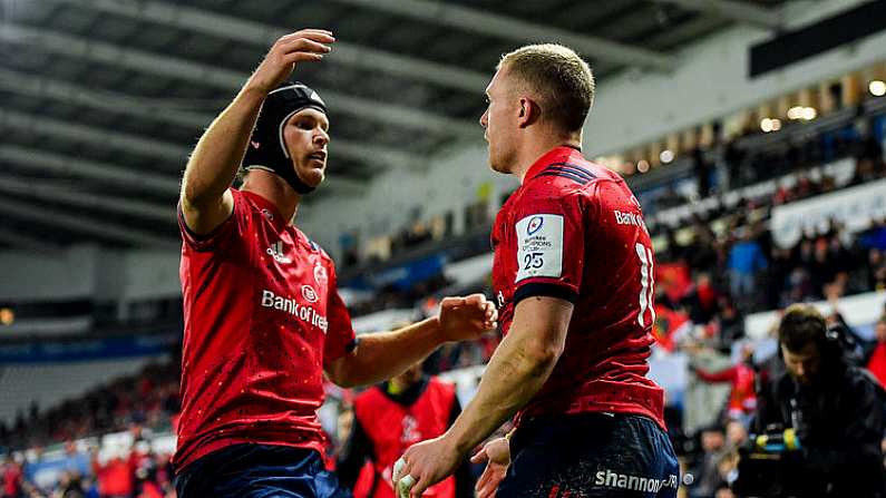 16 November 2019; Keith Earls of Munster, right, is congratulated by team-mate Tyler Bleyendaal after scoring his side's second try during the Heineken Champions Cup Pool 4 Round 1 match between Ospreys and Munster at Liberty Stadium in Swansea, Wales. Photo by Seb Daly/Sportsfile