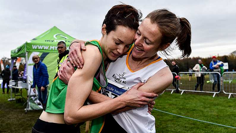 24 November 2019; Fionnuala McCormack, right, congratulates her sister Una Britton, both of Kilcoole A.C., Co. Wicklow, after winning gold and bronze medals in the Senior Women event during the Irish Life Health National Senior, Junior & Juvenile Even Age Cross Country Championships at the National Sports Campus Abbotstown in Dublin. Photo by Sam Barnes/Sportsfile