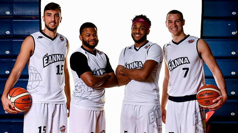 18 September 2019; DBS Eanna players from left, Marko Tomic, Paris Ballinger, Josh Wilson and Stefan Zecevic pictured at the 2019/2020 Basketball Ireland Season Launch and Hula Hoops National Cup draw at the National Basketball Arena in Tallaght, Dublin. Photo by Sam Barnes/Sportsfile