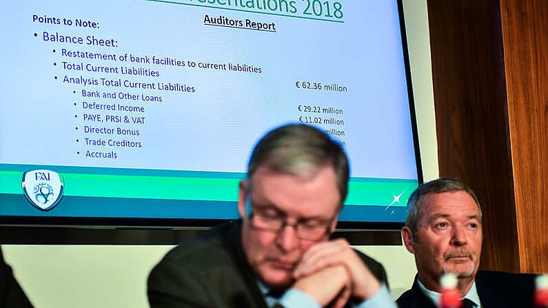 6 December 2019; A view of a TV screen showing slides presented by FAI lead executive Paul Cooke during an FAI Press Conference at FAI HQ in Abbotstown, Dublin. Photo by David Fitzgerald/Sportsfile