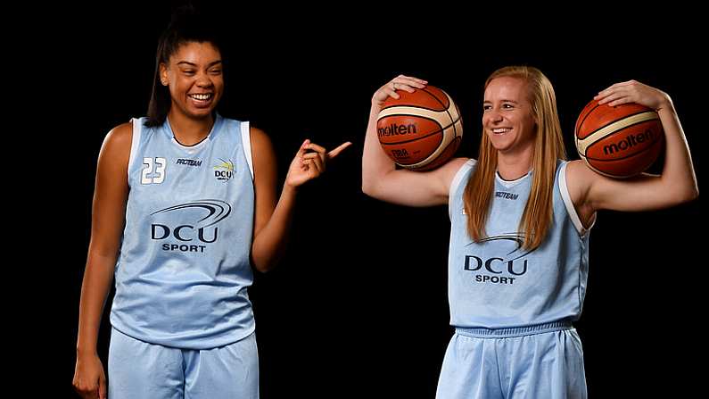 18 September 2019; Meredith Burkhall, left, and Ashely Russell of DCU Mercy pictured at the 2019/2020 Basketball Ireland Season Launch and Hula Hoops National Cup draw at the National Basketball Arena in Tallaght, Dublin. Photo by David Fitzgerald/Sportsfile