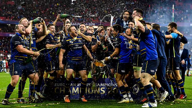 12 May 2018; The Leinster team celebrate with the cup after the European Rugby Champions Cup Final match between Leinster and Racing 92 at the San Mames Stadium in Bilbao, Spain. Photo by Brendan Moran/Sportsfile