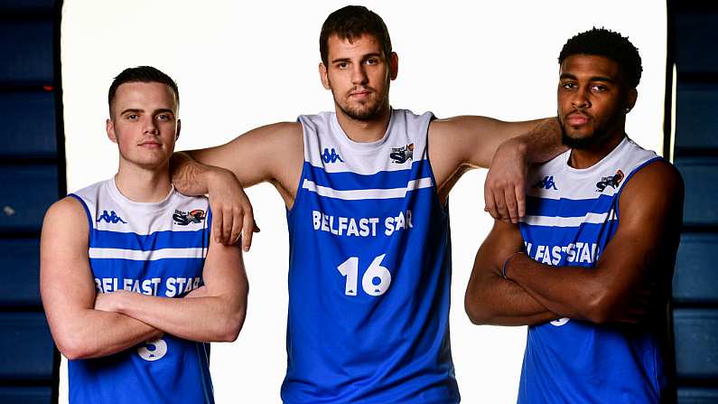 18 September 2019; Belfast Star players, from left, Aidan Quinn, Djorje Stankovic and Delaney Blaylock pictured at the 2019/2020 Basketball Ireland Season Launch and Hula Hoops National Cup draw at the National Basketball Arena in Tallaght, Dublin. Photo by Sam Barnes/Sportsfile