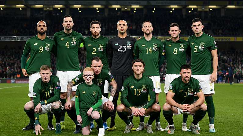 18 November 2019; The Republic of Ireland team, back row, from left to right, David McGoldrick, Shane Duffy, Matt Doherty, Darren Randolph, Conor Hourihane, Alan Browne and John Egan. Front row, from left to right, James McClean, Glenn Whelan, Jeff Hendrick and Enda Stevens prior to the UEFA EURO2020 Qualifier match between Republic of Ireland and Denmark at the Aviva Stadium in Dublin. Photo by Stephen McCarthy/Sportsfile