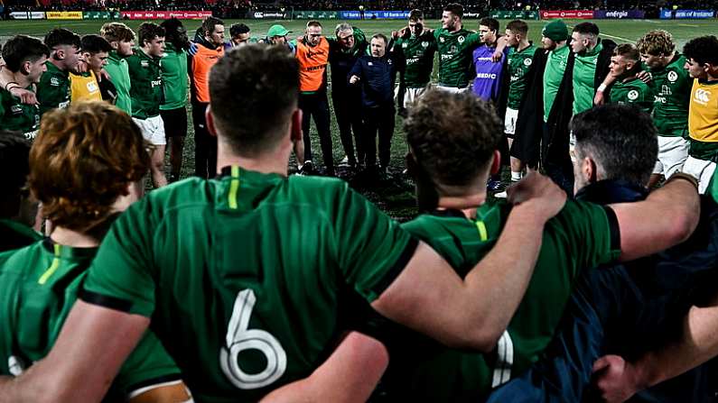 10 February 2023; Ireland head coach Richie Murphy speaking to his players after the U20 Six Nations Rugby Championship match between Ireland and France at Musgrave Park in Cork. Photo by Eoin Noonan/Sportsfile