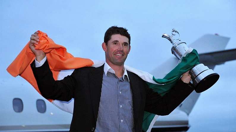 21 July 2008; Padraig Harrington, who won The Open Championship for a second time, with the Golf Champion Trophy (Claret Jug) on his arrival home at Weston airport, Leixlip, Co. Kildare. Picture credit: Pat Murphy / SPORTSFILE