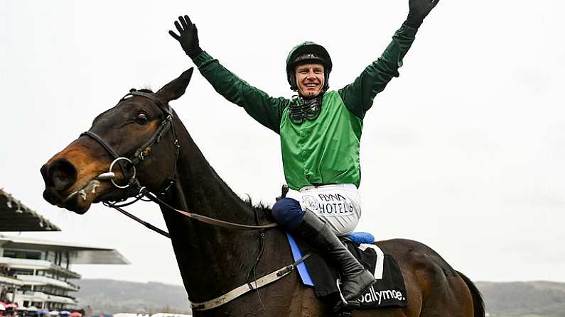 15 March 2023; Jockey Paul Townend celebrates on Impaire Et Passe after winning the Ballymore Novices' Hurdle during day two of the Cheltenham Racing Festival at Prestbury Park in Cheltenham, England. Photo by Seb Daly/Sportsfile