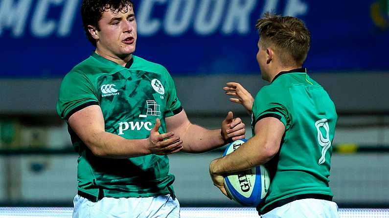 24 February 2023; Fintan Gunne of Ireland, right, celebrates with teammate Gus McCarthy after scoring his side's second try during the U20 Six Nations Rugby Championship match between Italy and Ireland at Stadio Comunale di Monigo in Parma, Italy. Photo by Roberto Bregani/Sportsfile