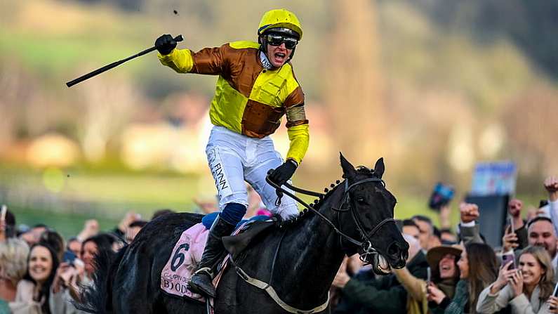 17 March 2023; Jockey Paul Townend celebrates on Galopin Des Champs after winning the Boodles Cheltenham Gold Cup Chase during day four of the Cheltenham Racing Festival at Prestbury Park in Cheltenham, England. Photo by Seb Daly/Sportsfile