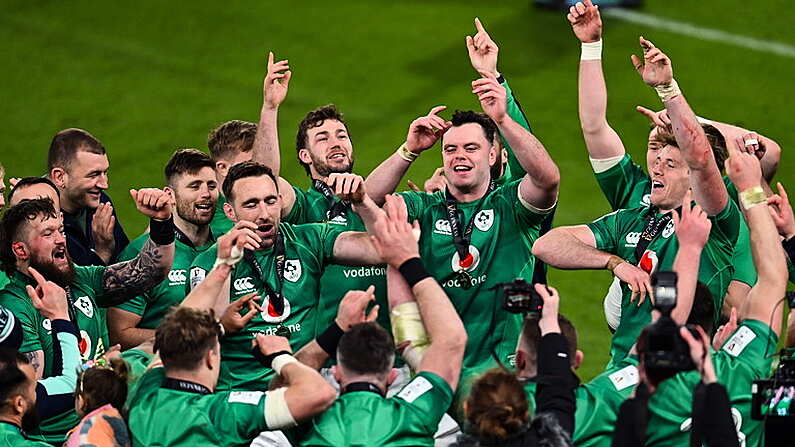 18 March 2023; Ireland players celebrate after the Guinness Six Nations Rugby Championship match between Ireland and England at Aviva Stadium in Dublin. Photo by Ramsey Cardy/Sportsfile