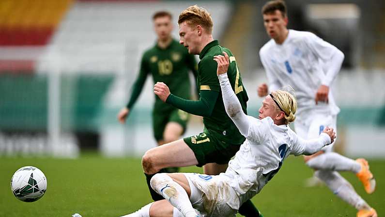 15 November 2020; Liam Scales of Republic of Ireland in action against Kolbeinn Birgir Finnsson of Iceland during the UEFA European U21 Championship Qualifier match between Republic of Ireland and Iceland at Tallaght Stadium in Dublin.  Photo by Harry Murphy/Sportsfile