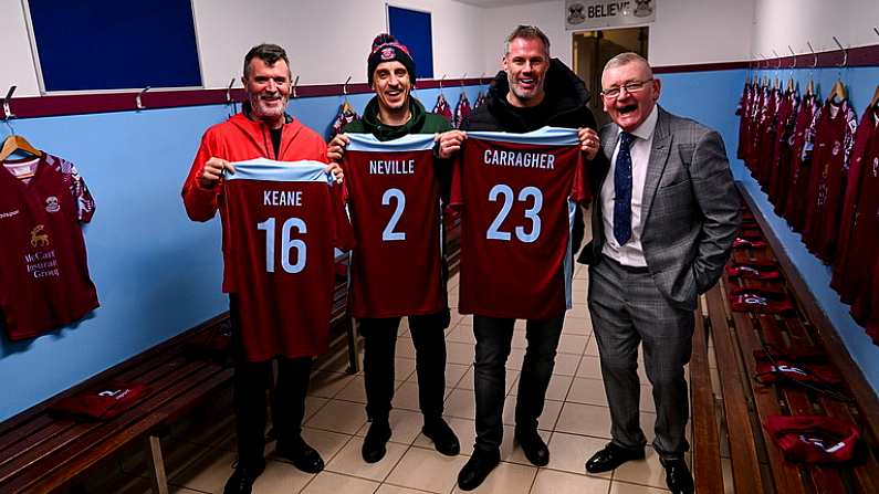 23 March 2023; On location for the filming of 'Gary Nevilles The Overlap on Tour' at St Colman's Park, home of Cobh Ramblers FC, were footballing legends Roy Keane, Gary Neville and Jamie Carragher with former Cobh Ramblers player Bob O'Donovan. An episode of the Sky Original series was filmed across Ireland, as Roy Keane brought his Sky Sports colleagues Gary Neville and Jamie Carragher on a trip down memory lane, culminating in a sold-out live show at Dublin's 3Arena. The series will broadcast exclusively on Sky Max and streaming service NOW later this summer. Photo by David Fitzgerald/Sportsfile