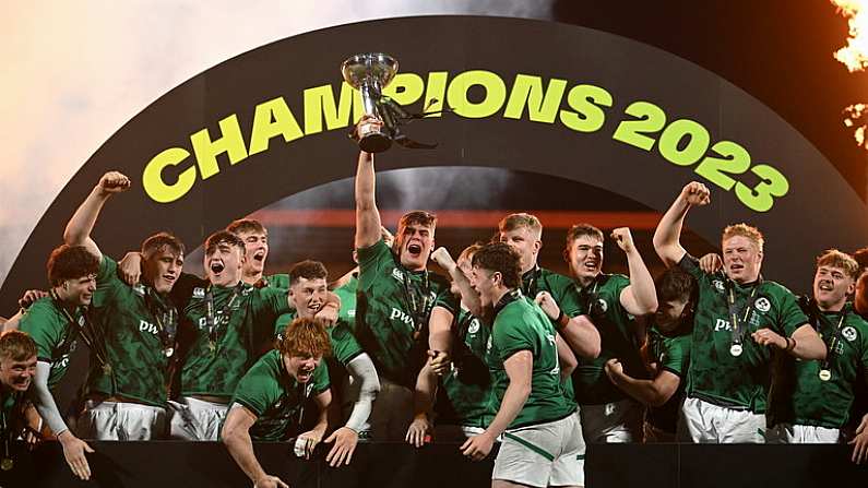 19 March 2023; Brian Gleeson of Ireland, centre, and team mates celebrate with the trophy after the U20 Six Nations Rugby Championship match between Ireland and England at Musgrave Park in Cork. Photo by David Fitzgerald/Sportsfile