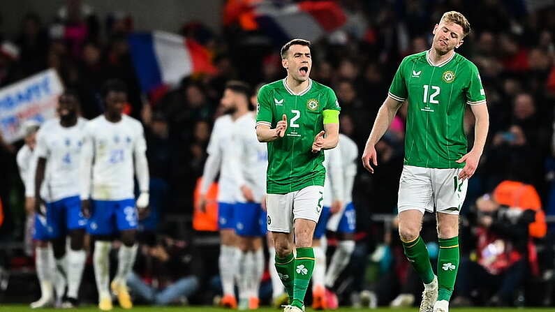 27 March 2023; Seamus Coleman of Republic of Ireland after his side conceded a first goal during the UEFA EURO 2024 Championship Qualifier match between Republic of Ireland and France at Aviva Stadium in Dublin. Photo by Seb Daly/Sportsfile