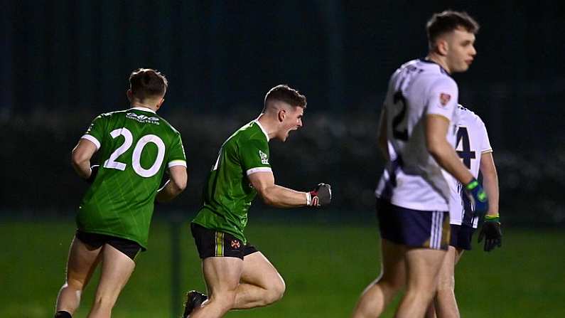 10 January 2023; Luke Donnelly of Queen's University Belfast celebrates after scoring his side's first goal during the Electric Ireland Higher Education GAA Sigerson Cup Round 1 match between between Queens University Belfast and Ulster University at The Dub in Queens University, Belfast. Photo by Ben McShane/Sportsfile