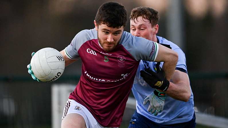 19 January 2023; Eoghan Kelly of University of Galway in action against Jonathan Lynam of UCD during the Electric Ireland Higher Education GAA Sigerson Cup Round 2 match between University College Dublin and University of Galway at Billings Park in Belfield, Dublin. Photo by Seb Daly/Sportsfile