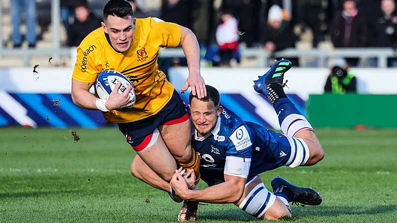 11 December 2022; James Hume of Ulster is tackled by Daniel Du Preez of Sale Sharks during Heineken Champions Cup Pool B Round 1 match between Sale Sharks and Ulster at AJ Bell Stadium in Salford, England. Photo by John Dickson/Sportsfile