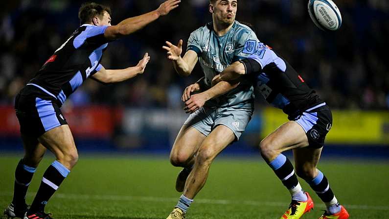 29 January 2022; Jimmy O'Brien of Leinster is tackled by Lloyd Williams, right, and Jarrod Evans of Cardiff during the United Rugby Championship match between Cardiff and Leinster at Cardiff Arms Park in Cardiff, Wales. Photo by Harry Murphy/Sportsfile