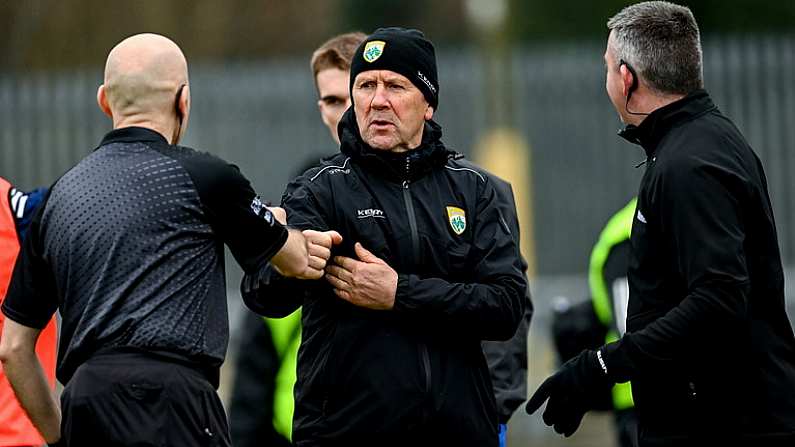 29 January 2023; Kerry manager Jack O'Connor and referee Liam Devenney before the Allianz Football League Division 1 match between Donegal and Kerry at MacCumhaill Park in Ballybofey, Donegal. Photo by Ramsey Cardy/Sportsfile